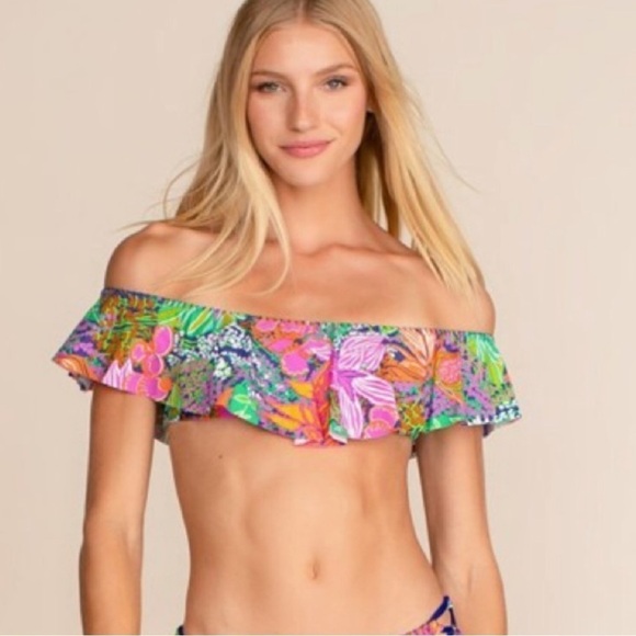 Trina Turk Tropical Escape Floral Bandeau Off Shoulder Ruffle Bikini top Size 12 - Picture 6 of 6